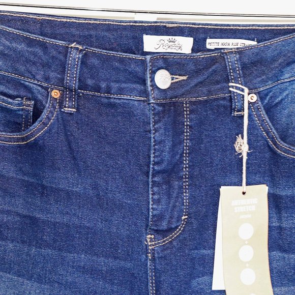 Royalty Dark Blue Distressed Denim Petite High Rise Straight Jeans Size 16P NWT - Picture 2 of 16